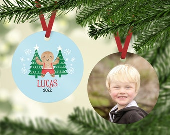 Gingerbread Christmas Ornament for Boy, Annual Ornament for Kids, Child Christmas Ornament with Photo, Personalized Gift for Children