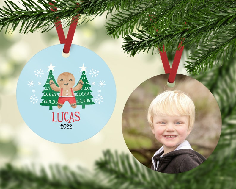 Gingerbread Christmas Ornament for Boy, Annual Ornament for Kids, Child Christmas Ornament with Photo, Personalized Gift for Children image 1