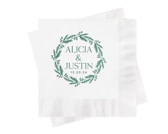 Personalized Christmas Wedding Napkins | Green Wreath Design for Winter Events | Hunter Green Foil