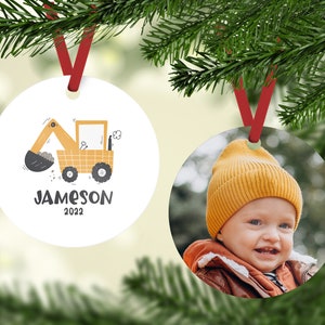 Construction Ornament, Christmas Ornament for Boy, Personalized Ornament with Photo, Picture Ornament, Stocking Stuffer, Annual Kid Ornament image 1