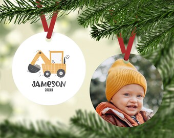 Construction Ornament, Christmas Ornament for Boy, Personalized Ornament with Photo, Picture Ornament, Stocking Stuffer, Annual Kid Ornament