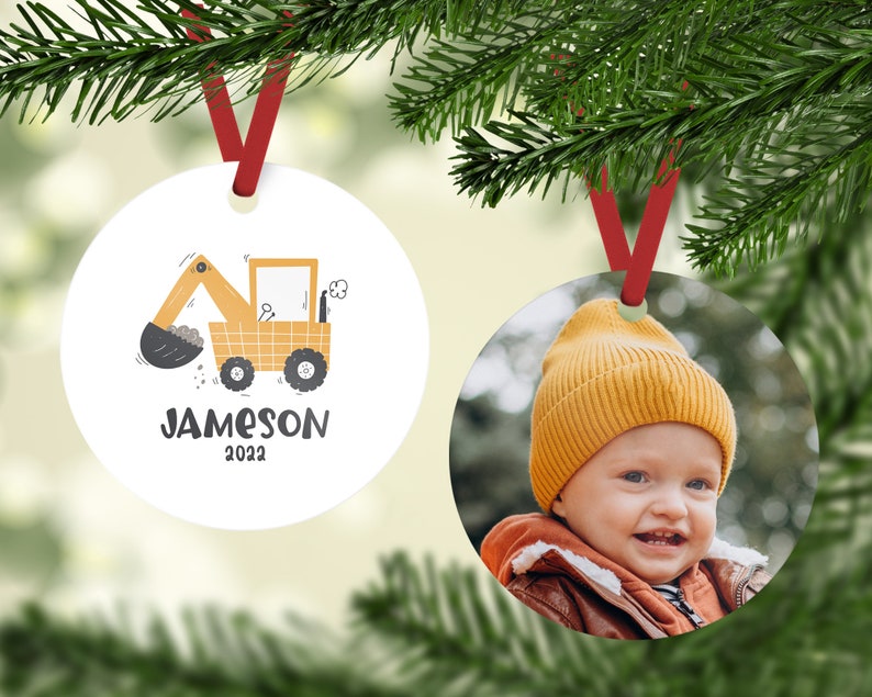 Construction Ornament, Christmas Ornament for Boy, Personalized Ornament with Photo, Picture Ornament, Stocking Stuffer, Annual Kid Ornament image 1