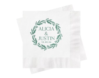 Personalized Christmas Wedding Napkins | Green Wreath Design for Winter Events | Hunter Green Foil