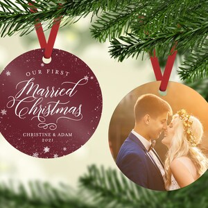 Burgundy Wedding Ornament, Our First Christmas Married Christmas Ornament, Christmas Gift for Newlywed, Photo Christmas Decoration, Handmade