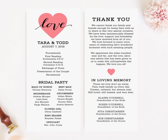 Heart Wedding Program Pink And Black Wedding Program Love Etsy
