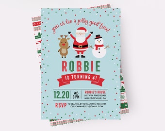 Kid Christmas Party Invitations, Christmas Birthday Party Invitations, Jolly Good Time Invitation, Santa Birthday Invitation, Snowman Invite