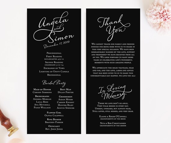 Black And White Wedding Program Printed Wedding Programs Etsy