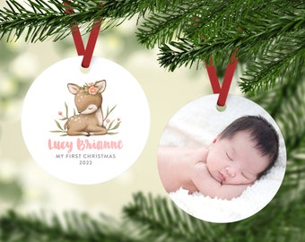 Deer First Christmas Ornament, Girl First Christmas Ornament, Photo First Christmas Ornament, Newborn Baby Gift, Fawn, Blush Pink, Greenery