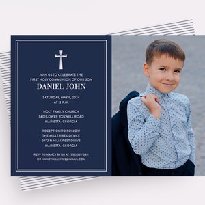 Photo First Communion Invitation, Printed, Printable, Modern, Custom Color, Traditional, Simple Invitation, Classic Design, Stripes, Neutral