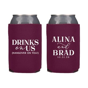 Drinks on Us Personalized Wedding Can Coolers - Custom Party Favors - Beverage Holder - Customize with Names and Colors - Funny Wedding Gift