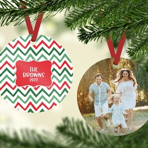 Custom Family Ornament, Personalized Family Christmas Ornament with Photo, 2022 Annual Family Ornament, Chevron, Colorful, Stocking Stuffer