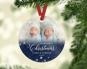 Photo Twins First Christmas Ornament, Gift for Newborn or New Parents, Ceramic or Aluminum Ornament, Girl or Boy First Christmas Ornament