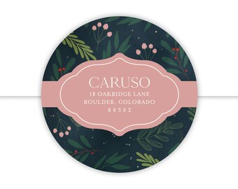 Personalized Christmas Address Labels | Holiday Card Stickers with Name | Pink and Navy Floral Design