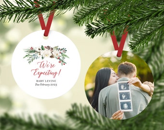 Pregnancy Christmas Ornament with Photo, We're Expecting Ornament, Watercolor, Pregnancy Announcement, Double-sided, Expectant Parents Gift