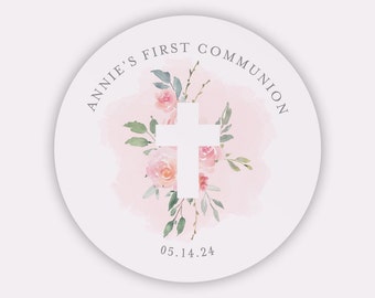 Pink Floral Cross First Communion Stickers, Girl Favor Labels, Decor for First Holy Communion Party, Communion Favor Idea, Watercolor Design
