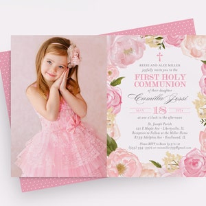 Photo Girl First Holy Communion Invitation, Pink Floral Communion Invite, Printable Communion Invitation, Printed Communion Invitations, PDF