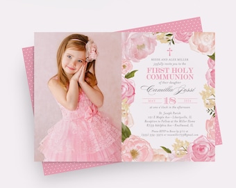 Photo Girl First Holy Communion Invitation, Pink Floral Communion Invite, Printable Communion Invitation, Printed Communion Invitations, PDF