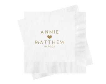Personalized Wedding Napkins | Cocktail or Luncheon Size | White and Gold Decor for Bridal Shower