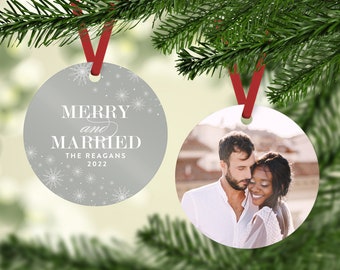 Merry and Married Christmas Ornament with Photo, Newlywed Christmas Ornament with Photo, Double-sided, Our First Christmas as Mr and Mrs