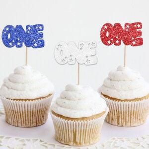 Fourth of July First Birthday Party Cupcake Toppers, Red White and Blue Theme Party, July 4th One Toppers, Independence Day Party Decor