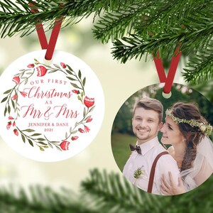 Married Christmas Ornament with Photo, Newlywed Gift, Wedding Keepsake, Newlywed Christmas Ornament, Ceramic or Aluminum, Double-sided w pic