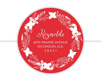 Holiday Return Address Label, Christmas Return Address Label, Holiday Address Sticker, Wreath Return Address Label, Red Address Labels