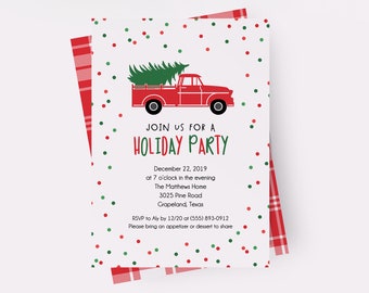 May include: Red truck with a Christmas tree in the back, driving on a white background with red and green confetti. The text reads "JOIN US FOR A HOLIDAY PARTY" with the date and time of the party, the location, and RSVP information.