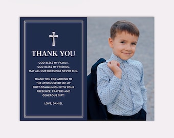 First Holy Communion Thank You Card with Photo, Printed Communion Thank You Cards, Printable Communion Thank You, Simple, Navy, Traditional