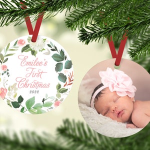 Baby Girl First Christmas Ornament with Photo, Baby Christmas Ornament, Newborn Baby Gift, Watercolor Flowers, Floral Wreath, Pink and Green