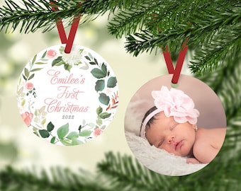 Baby Girl First Christmas Ornament with Photo, Baby Christmas Ornament, Newborn Baby Gift, Watercolor Flowers, Floral Wreath, Pink and Green