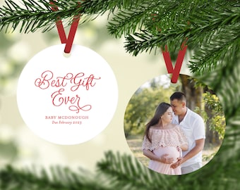 Pregnancy Christmas Ornament with Photo, We're Expecting Ornament, Best Gift Ever, Pregnancy Announcement, Double-sided, Gift for Expectant