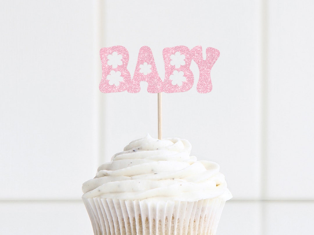 Baby Girl Shower Cupcake Toppers in Pink, Customizable Colors, Groovy