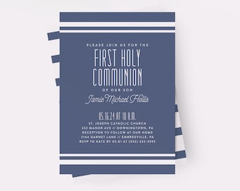 Modern First Communion Invitation, Boy First Communion Invitation, Printed, Printable, Stripes, Customizable, PDF, Gender Neutral Communion