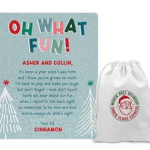 May include: A blue and white Christmas puzzle with a festive message for Asher and Collin. The puzzle features a red and green Santa Claus design with the text "Oh What Fun!" and "Your Elf, Cinnamon". The puzzle comes in a white drawstring bag with a red and green Santa Claus design and the text "North Pole Delivery - Santa Claus Express".
