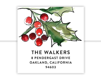 Christmas Return Address Labels - Watercolor Flowers Leaves and Berries - 2 Inch Square Labels - Holiday Card Stationery - Green and Red