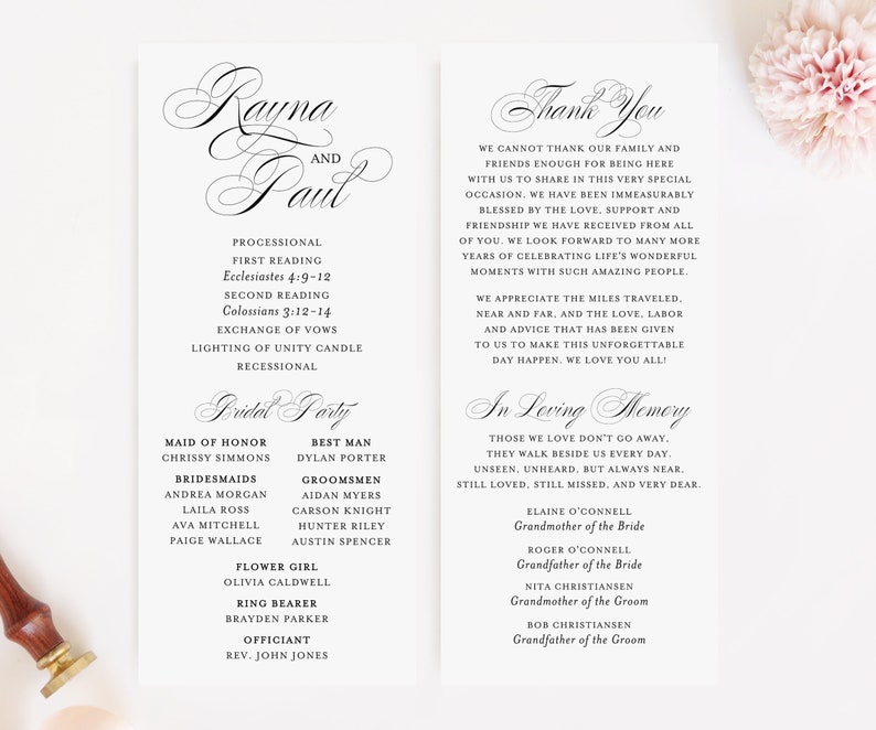 Calligraphy Wedding Program Black And White Wedding Program Etsy