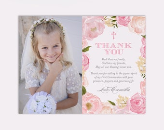 First Holy Communion Thank You Cards, Watercolor Thank You, Religious Thank You Cards, Photo Communion Thank You, Personalized, Pre-printed