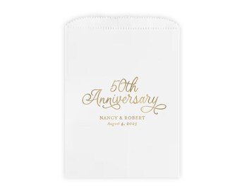 Anniversary Party Treat Bag, 50th Anniversary, Gold Foil, Candy Table, Dessert Buffet, Cookies, Trail Mix, Disposable Paper Bags, Favor Idea