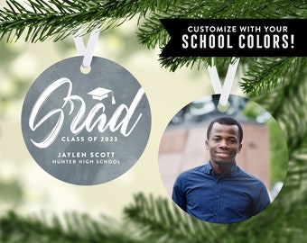 Double-sided Photo Graduation Ornament, Modern Design with Watercolor Style Background, Customizable School Colors, Gift Ideas for Graduate
