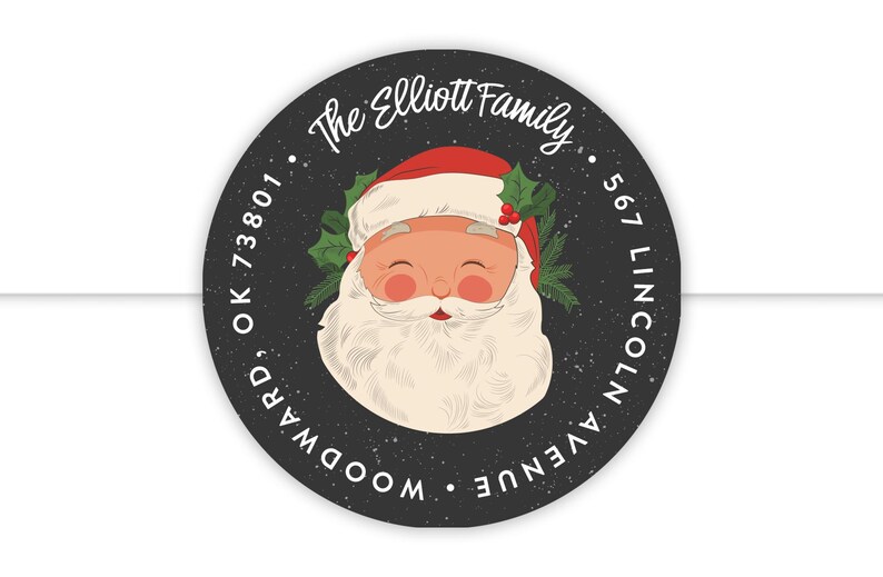 May include: Round black and white Christmas return address label with a cartoon image of Santa Claus. The text reads "The Elliott Family", "567 Lincoln Avenue", "Woodward, OK 73801".
