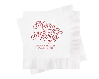 Merry & Married Napkins | Custom Cocktail or Luncheon Napkins for Christmas Wedding, Bridal Shower