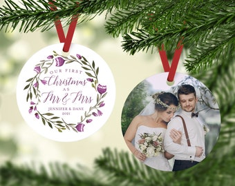 Purple Wedding Ornament, Our First Christmas as Mr and Mrs, Custom Ornament with Photo, Present for New Wife, Gift Idea for Husband, Picture