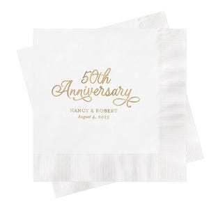 Golden Anniversary Cocktail Napkins, Napkins for Anniversary Party, Gold Foil, 50th Anniversary, Custom and Personalized Party Decor, White
