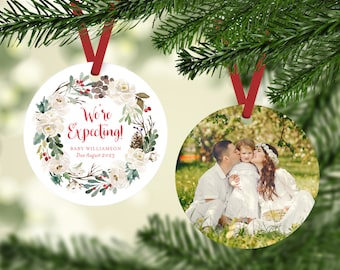 Pregnancy Photo Christmas Ornament, We're Expecting Ornament, Watercolor Wreath, Pregnancy Announcement, Pictures, Expectant Parents Gift