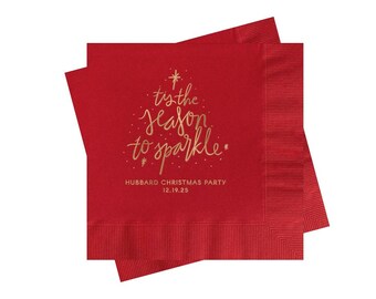 Personalized Christmas Party Napkins, Tis the Season to Sparkle, Red Napkins with Gold Foil, Customized Cocktail or Bar Napkins for Holidays