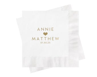 Personalized Wedding Napkins | Cocktail or Luncheon Size | White and Gold Decor for Bridal Shower