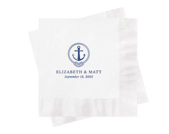 Nautical Wedding Napkins, Navy and Blue, Coastal Wedding, Personalized Wedding Decor, Cocktail Napkins, Buffet, Sweet Table, Anchor Design