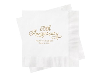 Golden Anniversary Cocktail Napkins, Napkins for Anniversary Party, Gold Foil, 50th Anniversary, Custom and Personalized Party Decor, White