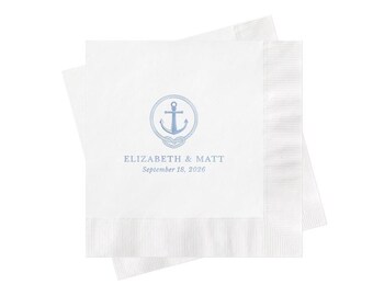 Light Blue Coastal Wedding Napkins, Navy and Blue, Anchor, Beach, Personalized Wedding Decor, Cocktail Napkins, Bar, Buffet, Sweet Table