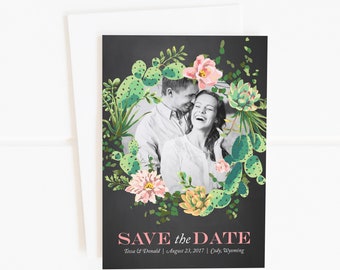 Wedding Save the Date (Anna) - Digital File, DIY, PDF, Printable, Printed, Succulents, Green, Pink, Watercolor, Floral, Chalkboard, Photo